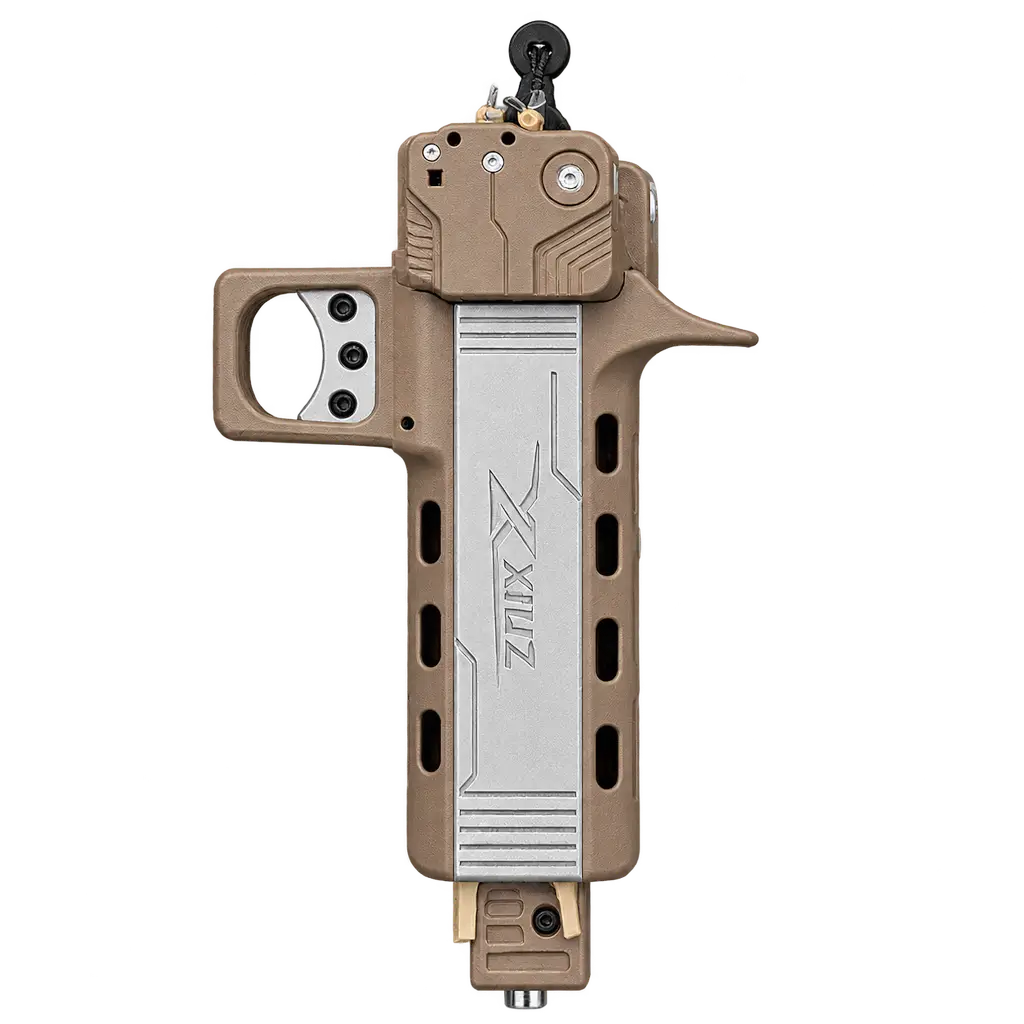 Tan XIUZ V5 aluminum alloy slingshot with side-mounted magazine