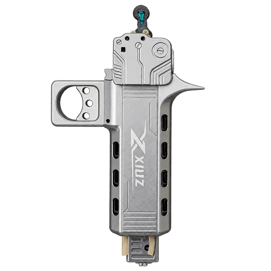 Silver XIUZ V5 aluminum alloy slingshot with side-mounted magazine