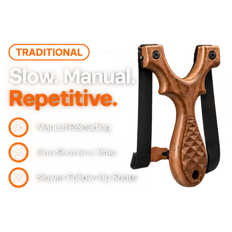 Traditional wooden slingshot compared with an auto-loading slingshot